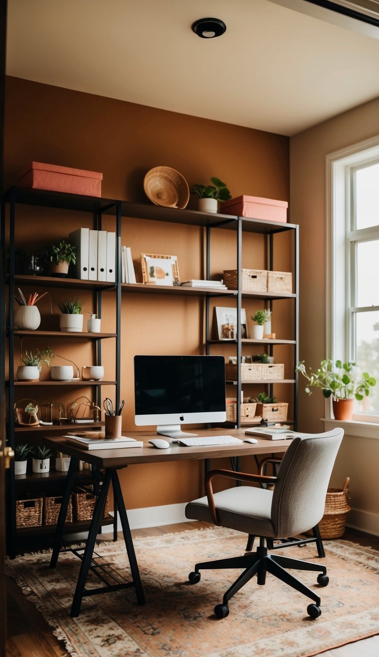A cozy home office with warm, earthy tones and pops of energizing colors. A clutter-free desk, organized shelves, and natural light create a productive atmosphere