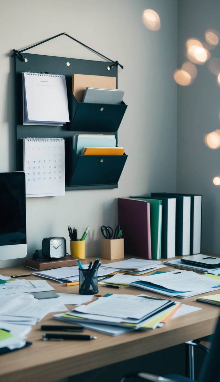 A cluttered desk with scattered papers, pens, and office supplies. A DIY wall organizer hangs nearby, holding folders, notebooks, and a calendar