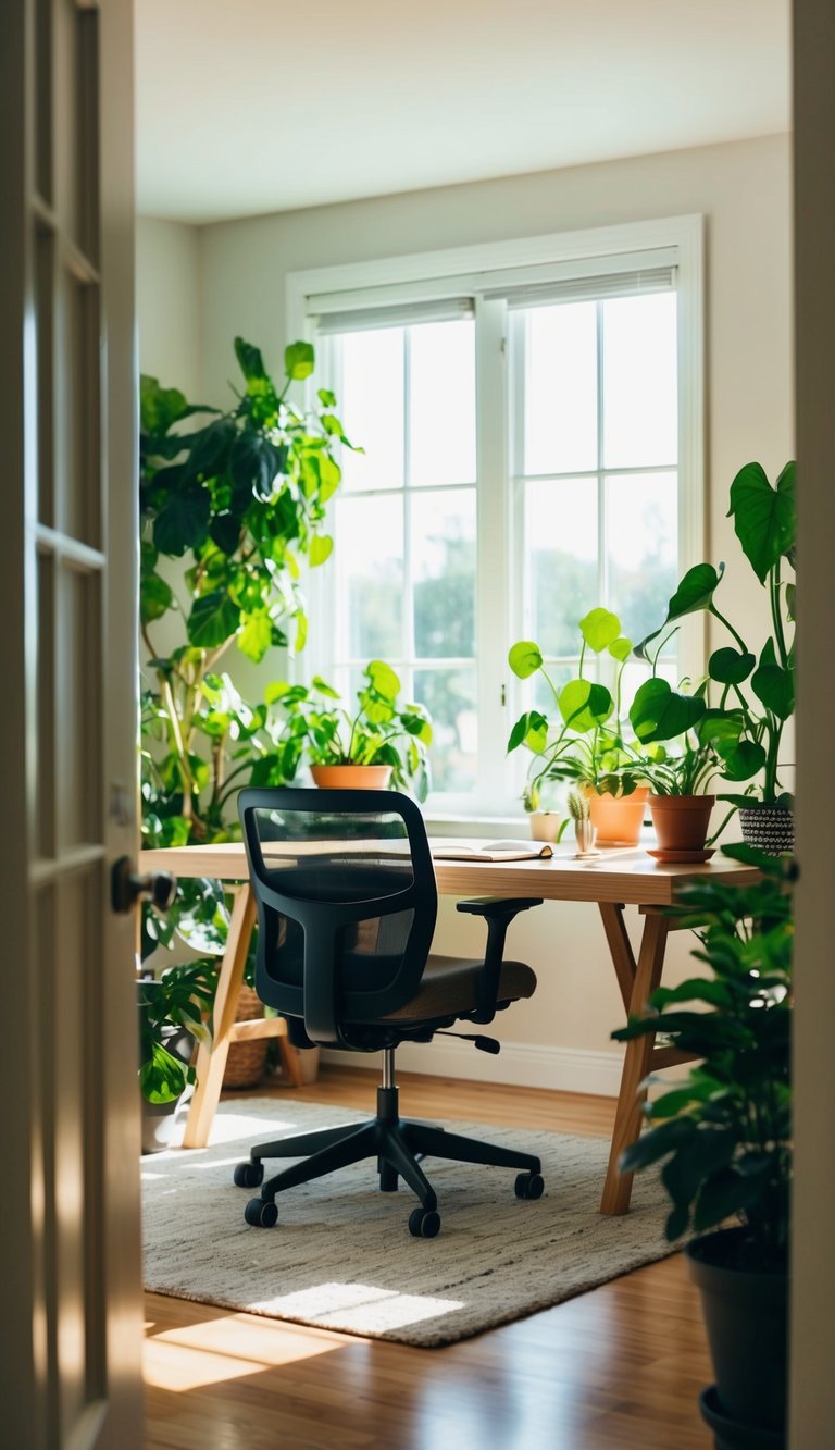A cozy home office with a large desk and chair surrounded by green plants. Sunlight streams in through the window, creating a peaceful and productive atmosphere