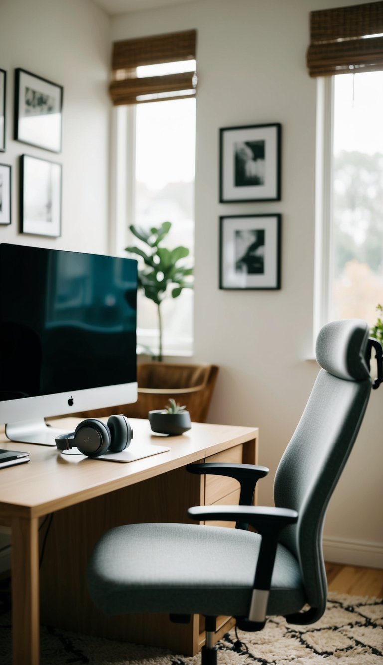 A cozy home office with a desk, computer, and comfortable chair. A pair of noise-cancelling headphones is placed on the desk
