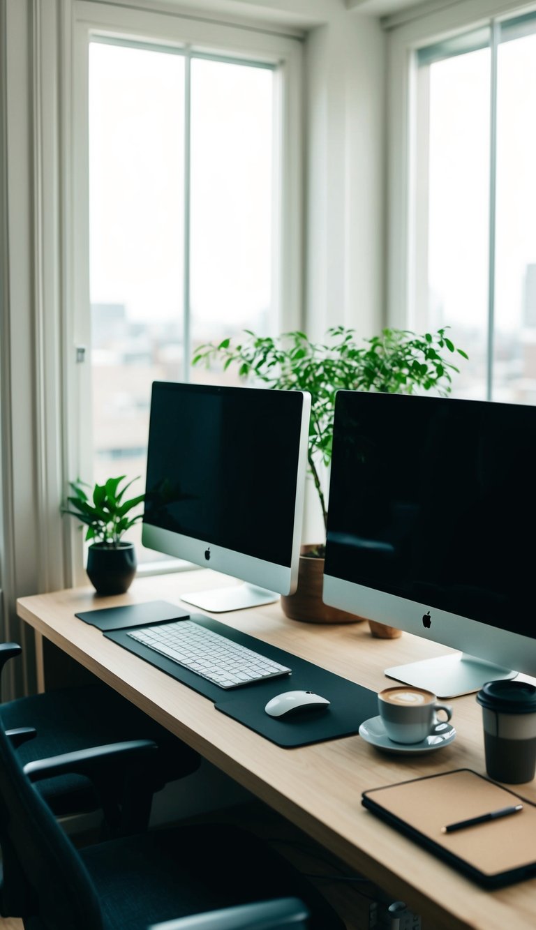A clutter-free desk with two identical monitors, a keyboard, and a mouse. A plant sits on the corner, and a cup of coffee is nearby