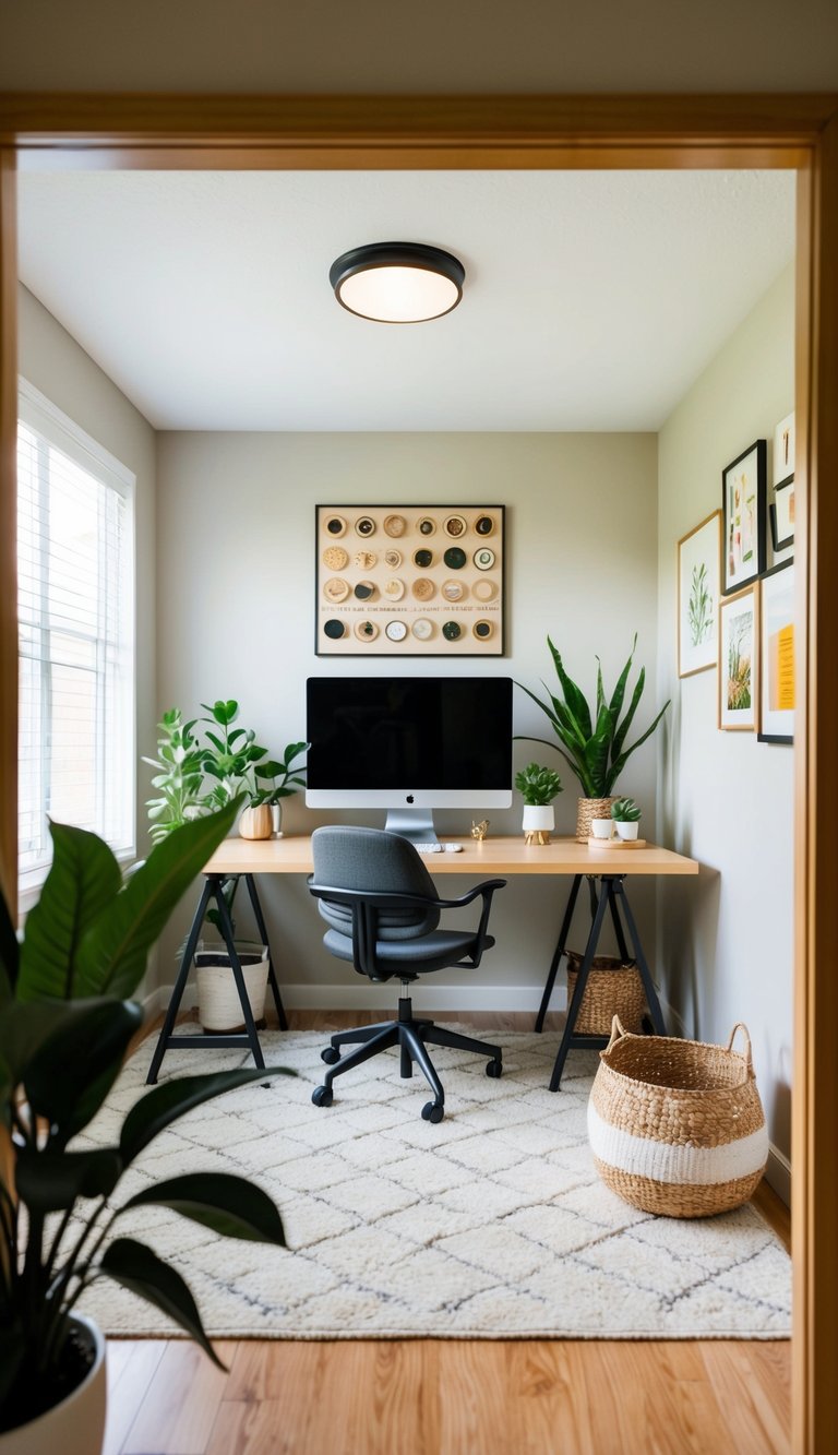 A cozy home office with a large desk, plants, natural light, and inspiring wall art