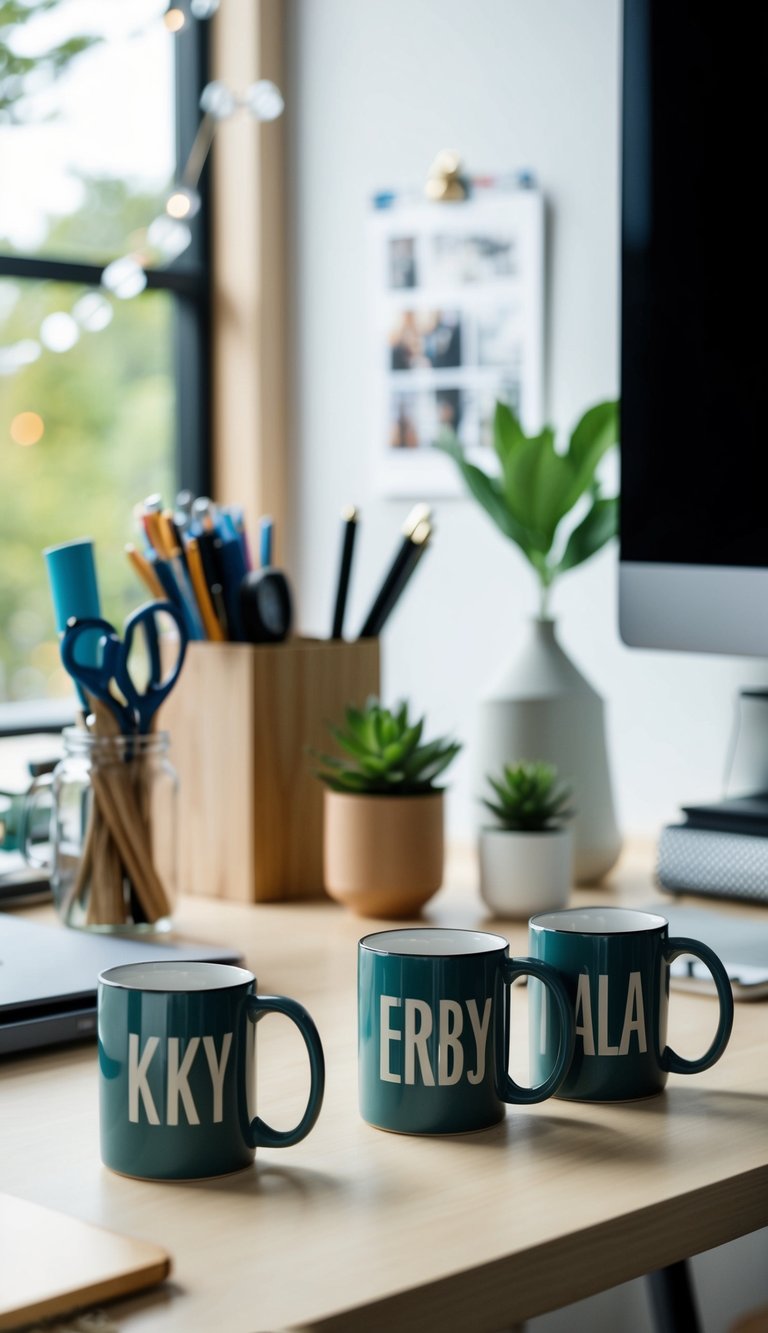 A desk with a collection of personalized mugs, surrounded by simple home office decor and organization items