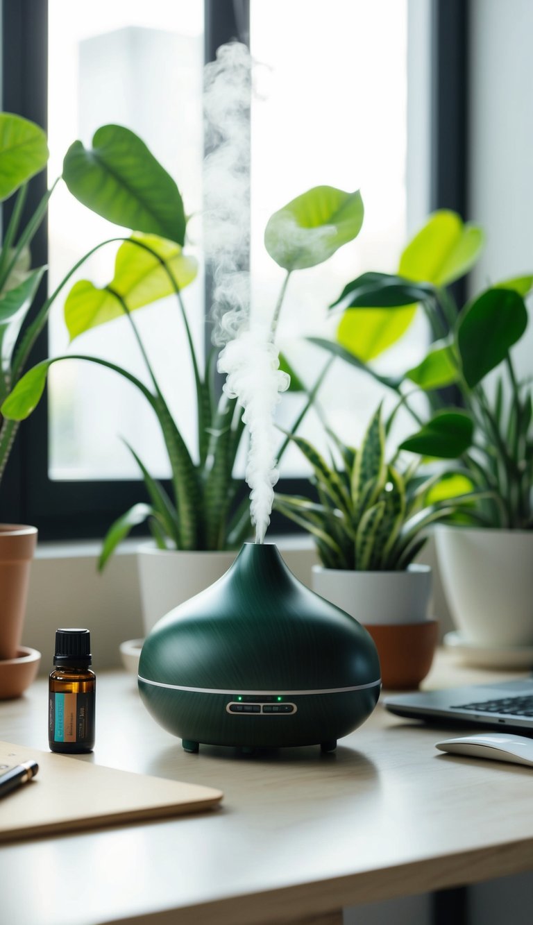 An essential oil diffuser sits on a desk surrounded by plants and natural light, creating a calm and focused home office environment