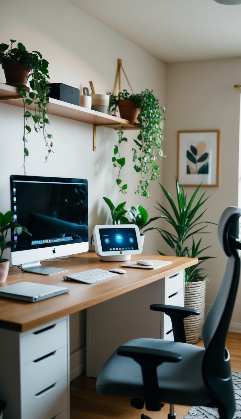 A cozy home office with a desk, computer, and shelves. A virtual assistant device is integrated into the workspace, with plants and natural light for a productive environment
