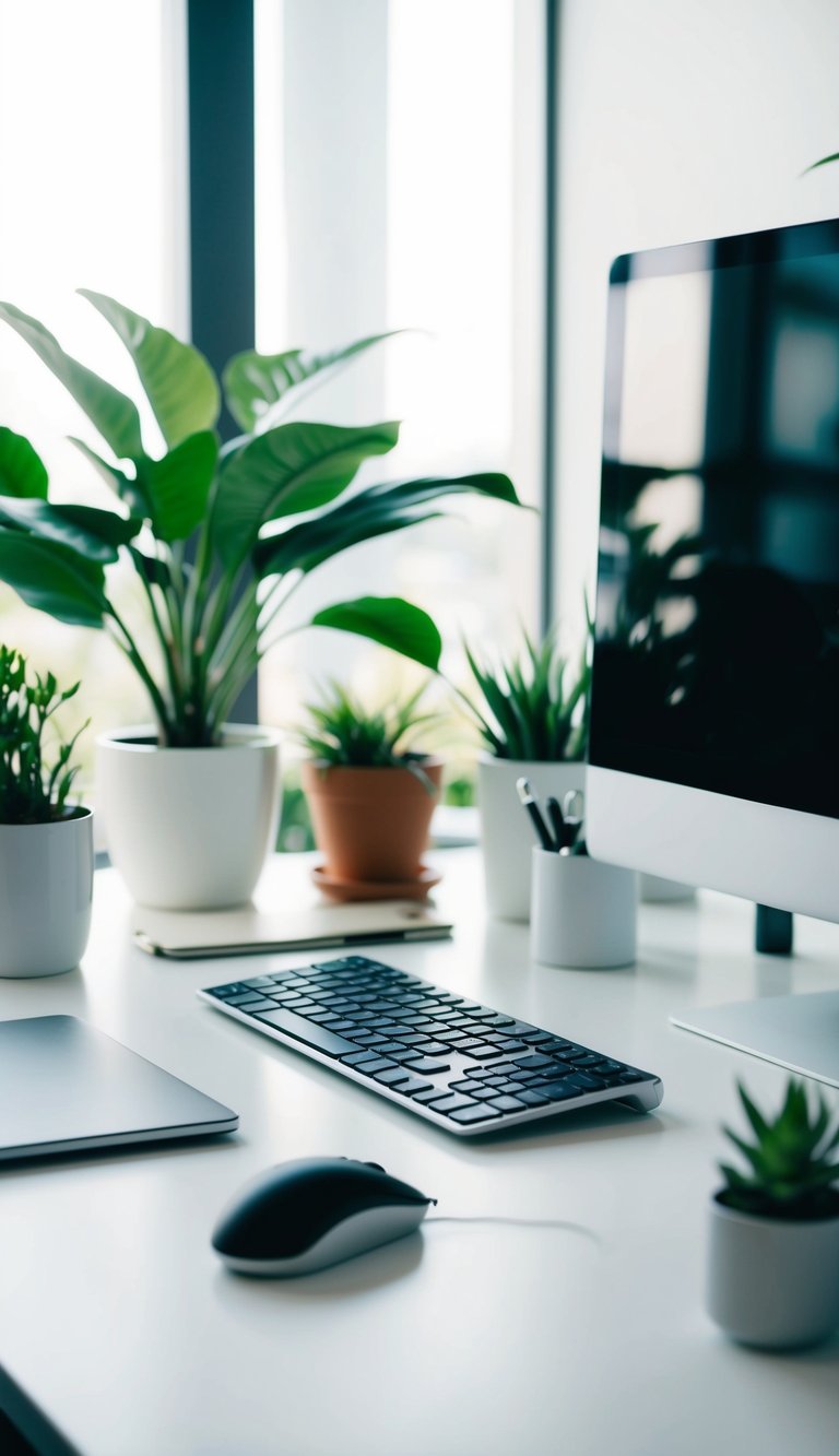 A sleek, modern keyboard and mouse sit on a clean desk surrounded by plants and organized office supplies. The soft natural light filters in through a nearby window, creating a calm and productive work environment