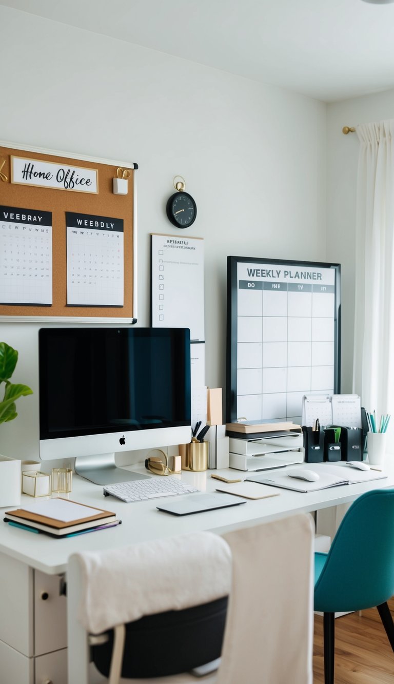 A clean, organized home office with a desk, computer, calendar, and various office supplies neatly arranged. A bulletin board or whiteboard displays a weekly planner with tasks and goals