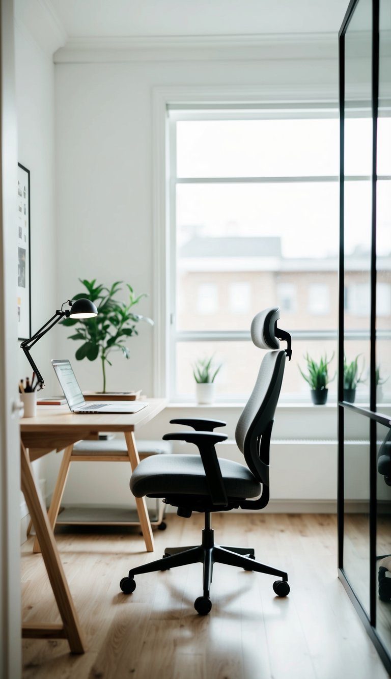 A tidy home office with organized desk, ergonomic chair, natural light, and minimal decor to boost productivity
