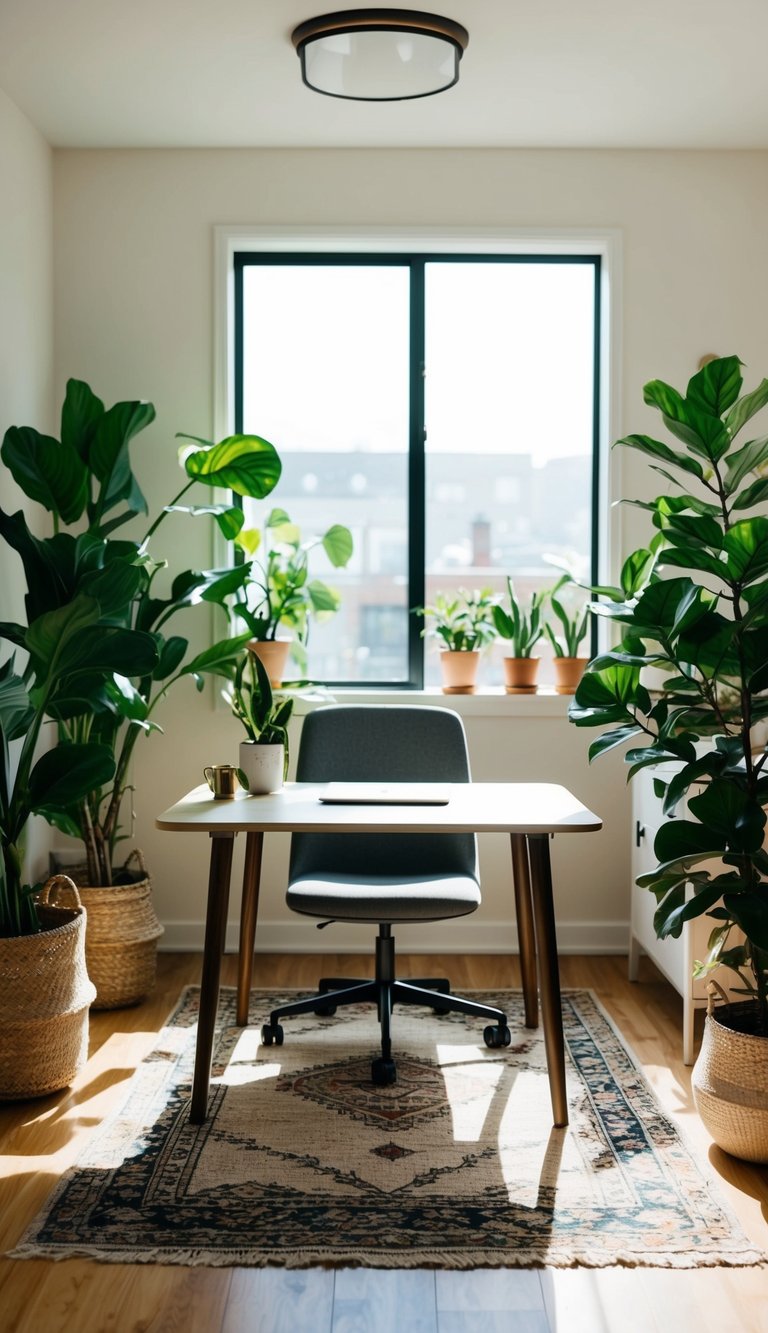 A cozy home office with a simple desk, chair, and a stylish rug accent, surrounded by plants and natural light