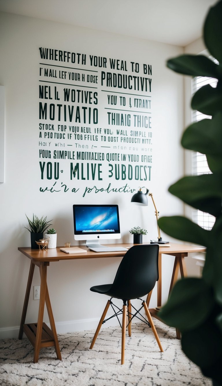 A home office with a wall covered in motivational quotes and simple decor to boost productivity