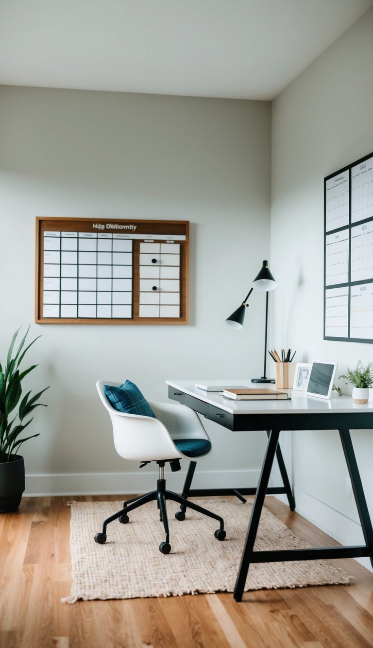 A clean, organized home office with a time management board, desk, chair, and simple decor to boost productivity
