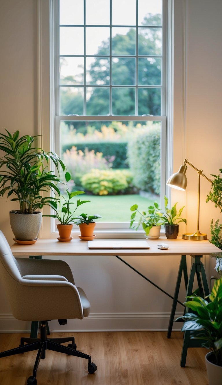 A cozy home office with a desk, chair, plants, and soft lighting. A window overlooks a peaceful garden