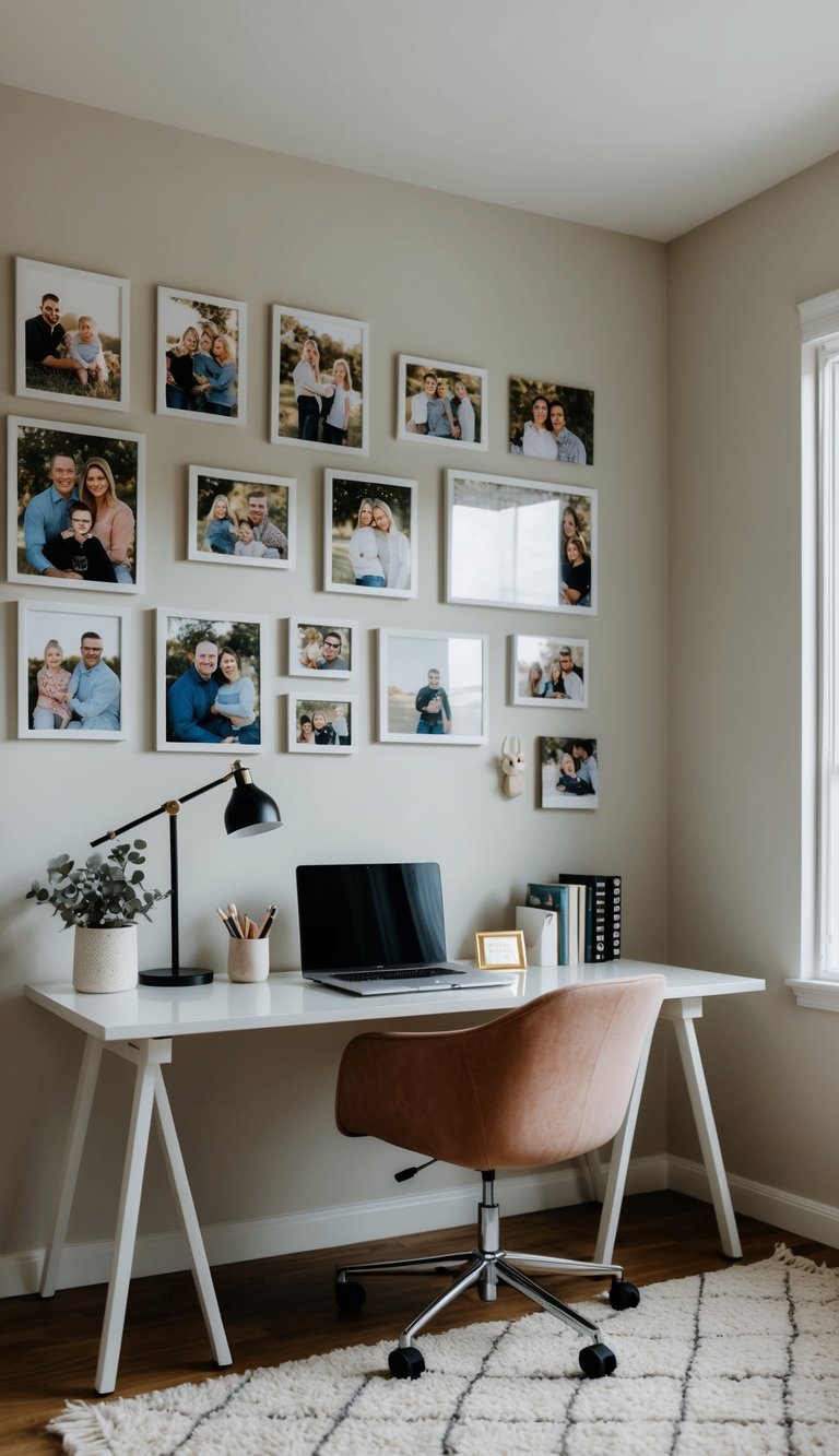 A home office with a wall displaying family photos, a desk, chair, and simple decor to boost productivity