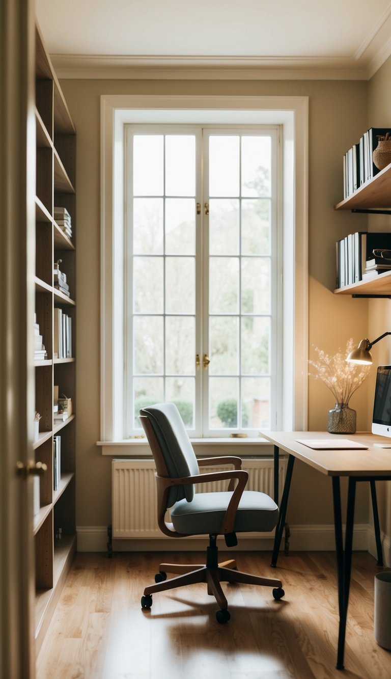 A cozy home office with a desk, chair, and shelves. Soft natural light filters in through a window, illuminating the room in warm, inviting tones