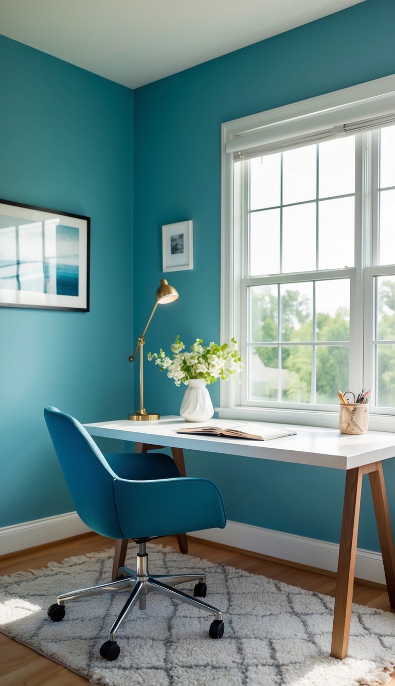 A serene home office with sky blue walls, a cozy desk, and natural light streaming in through the window