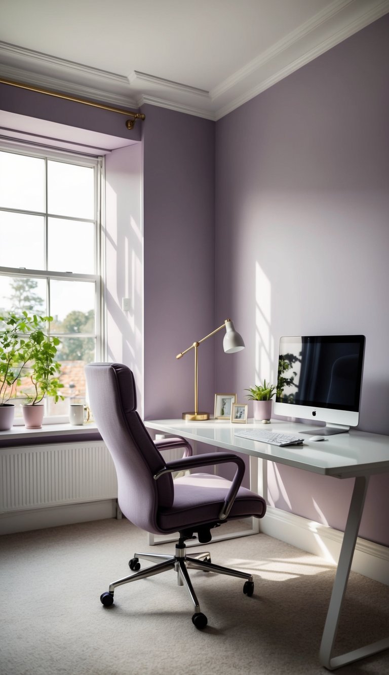 A cozy home office with soft lilac walls, a sleek desk, and a comfortable chair bathed in natural light from a large window