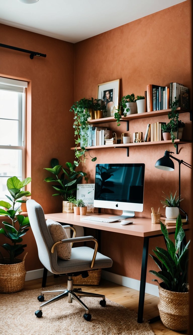A cozy home office with terracotta blush walls, a desk with a computer, a comfortable chair, and shelves filled with books and plants