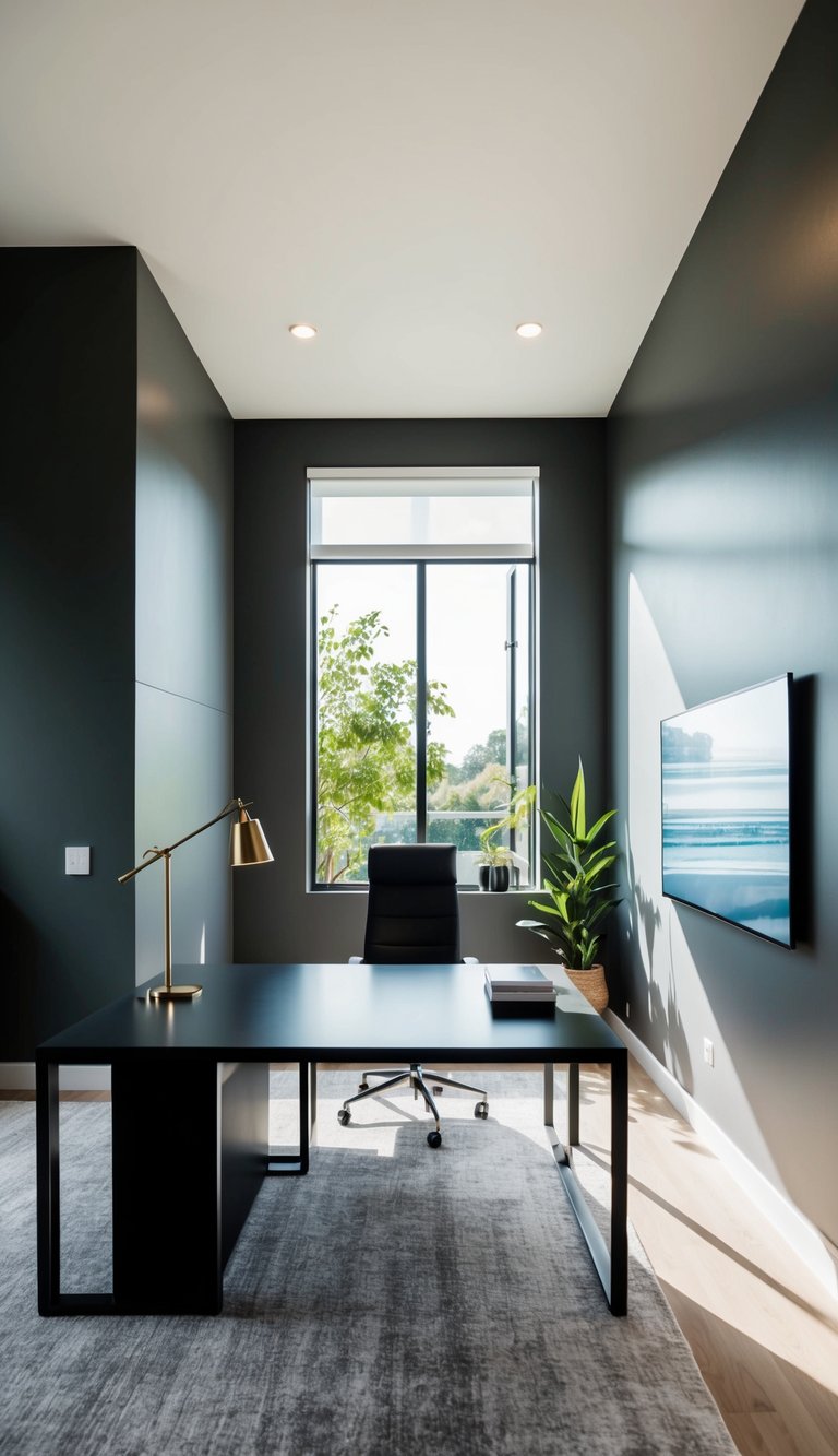A sleek, modern home office with charcoal gray walls, a large desk, and minimalist decor. Natural light streams in through a large window, illuminating the space