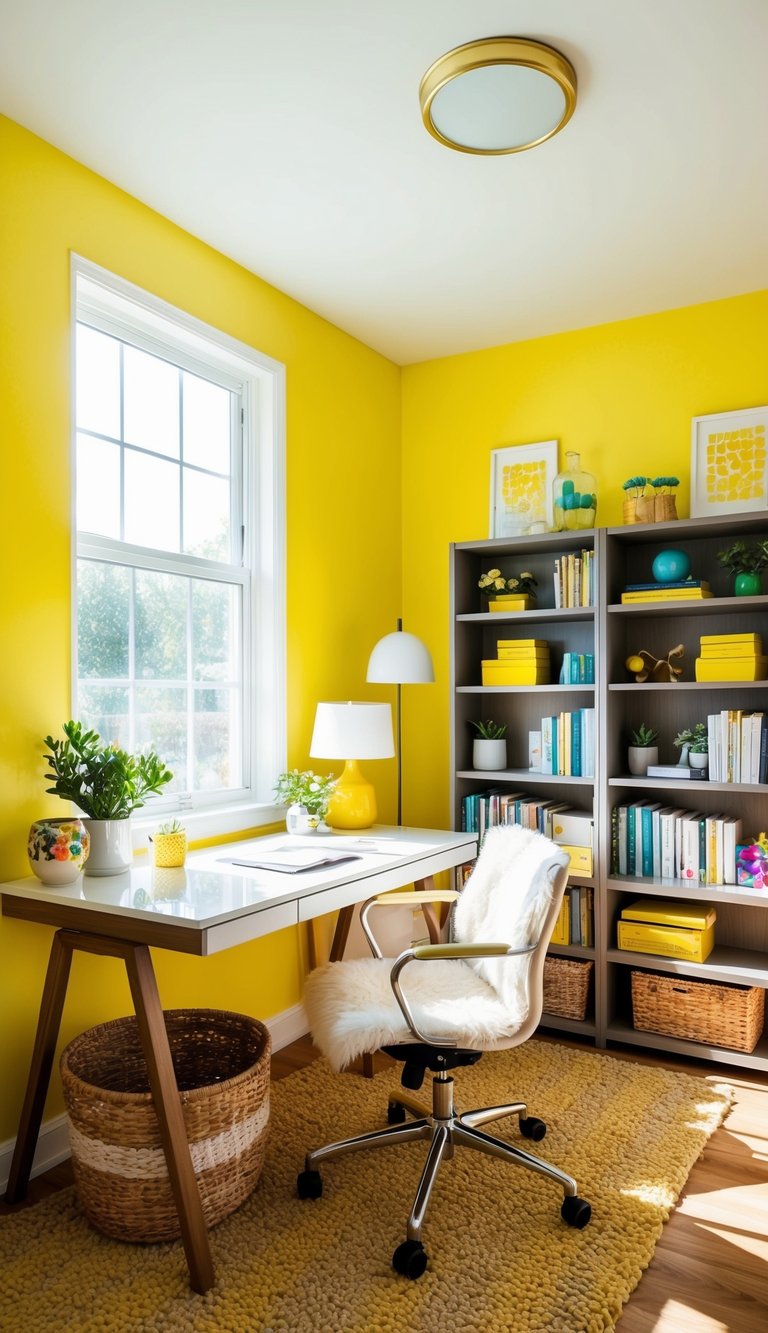 A sunny home office with lemon zest walls, a cozy desk, and a bookshelf filled with colorful decor