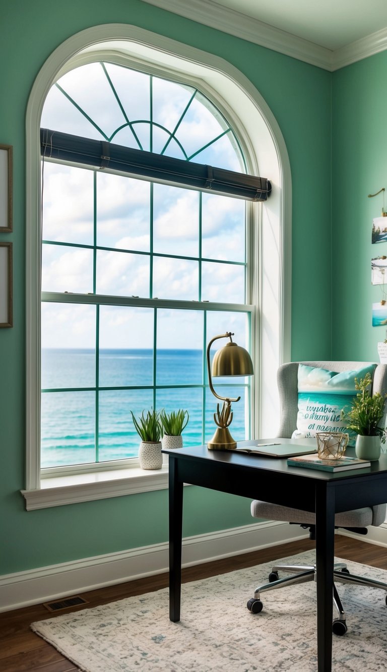 A cozy home office with seafoam green walls, a large window overlooking a tranquil sea, and a desk with inspirational decor