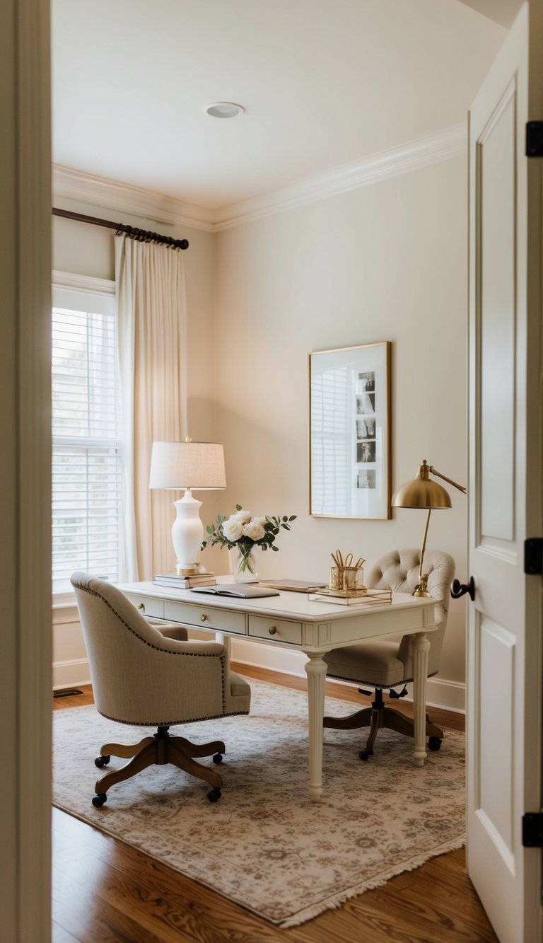 A cozy home office with ivory walls, elegant furniture, and soft lighting