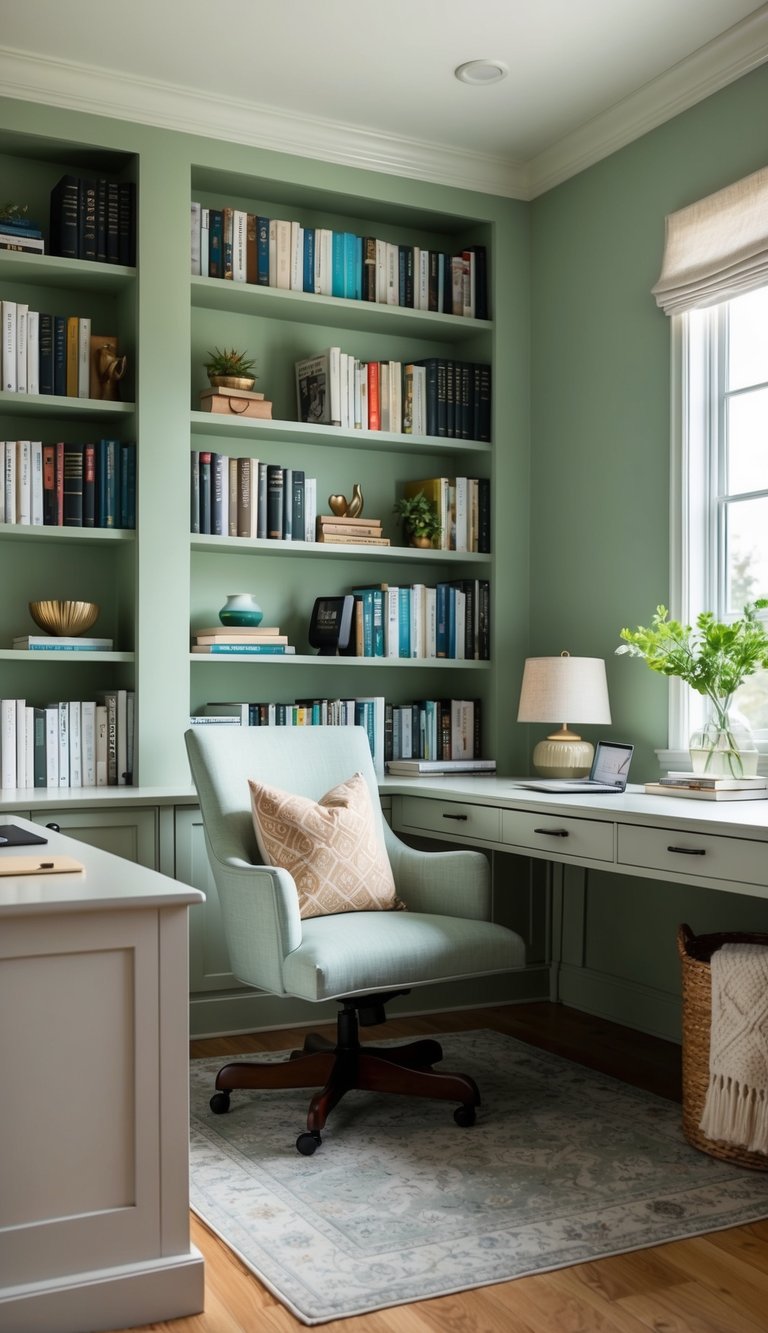A cozy home office with sage green walls, a large desk, and a comfortable chair surrounded by shelves of books and a soft, muted color palette