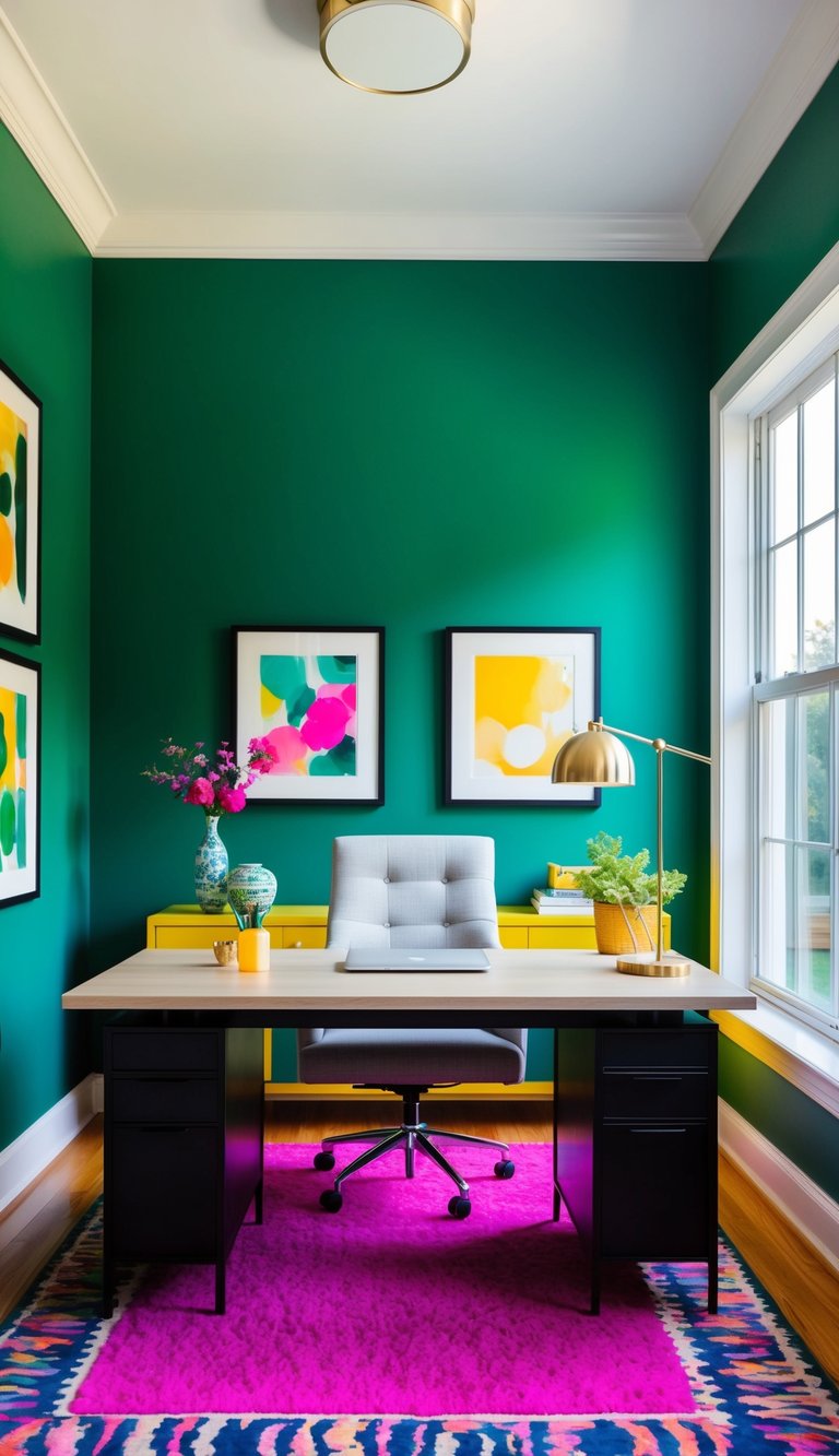 A home office with bold emerald green walls, accented with vibrant splashes of color in the decor and furnishings