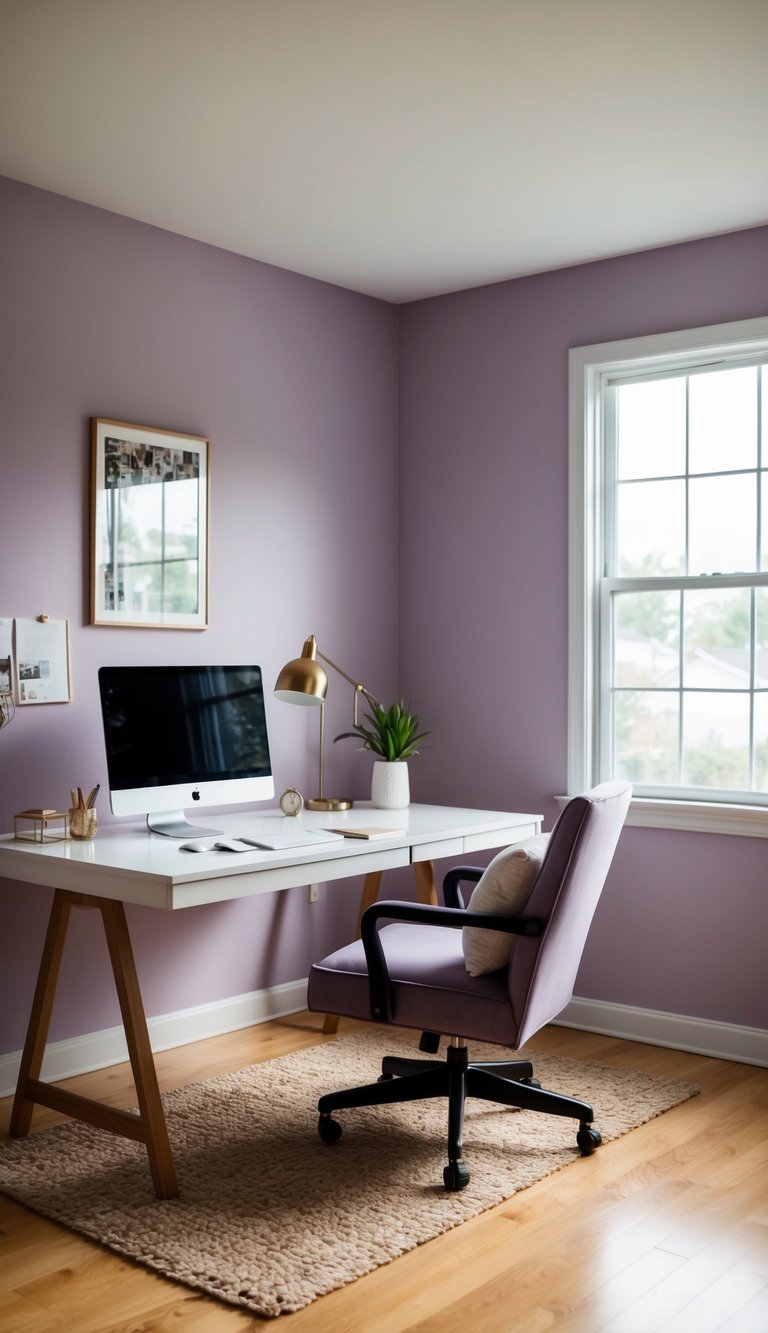 A cozy home office with soft lavender walls, a desk bathed in natural light, and a comfortable chair for inspiration