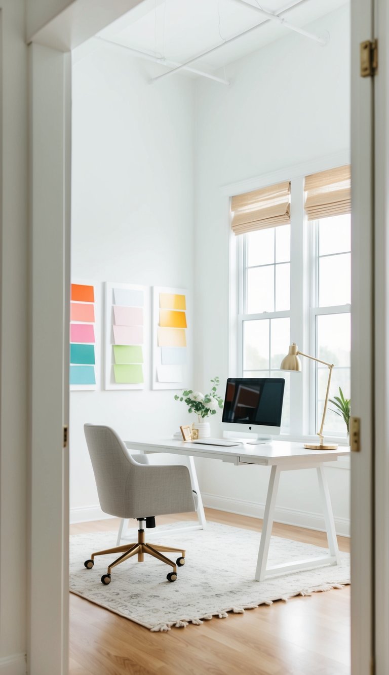 A bright, airy home office with crisp white linen walls and pops of inspiring paint colors on display. The space is clean, modern, and filled with creative energy