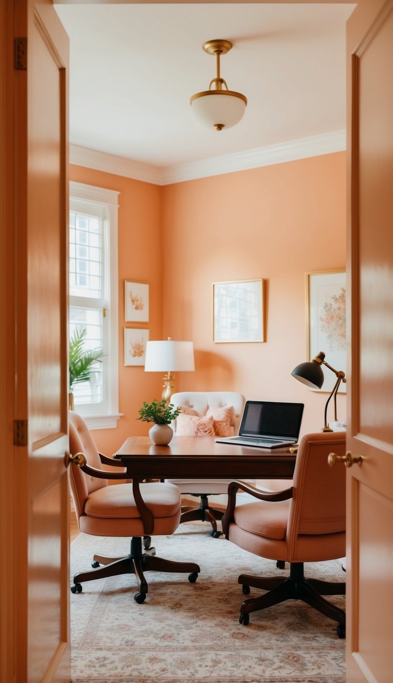 A warm, inviting home office with peach-colored walls, soft lighting, and comfortable furniture