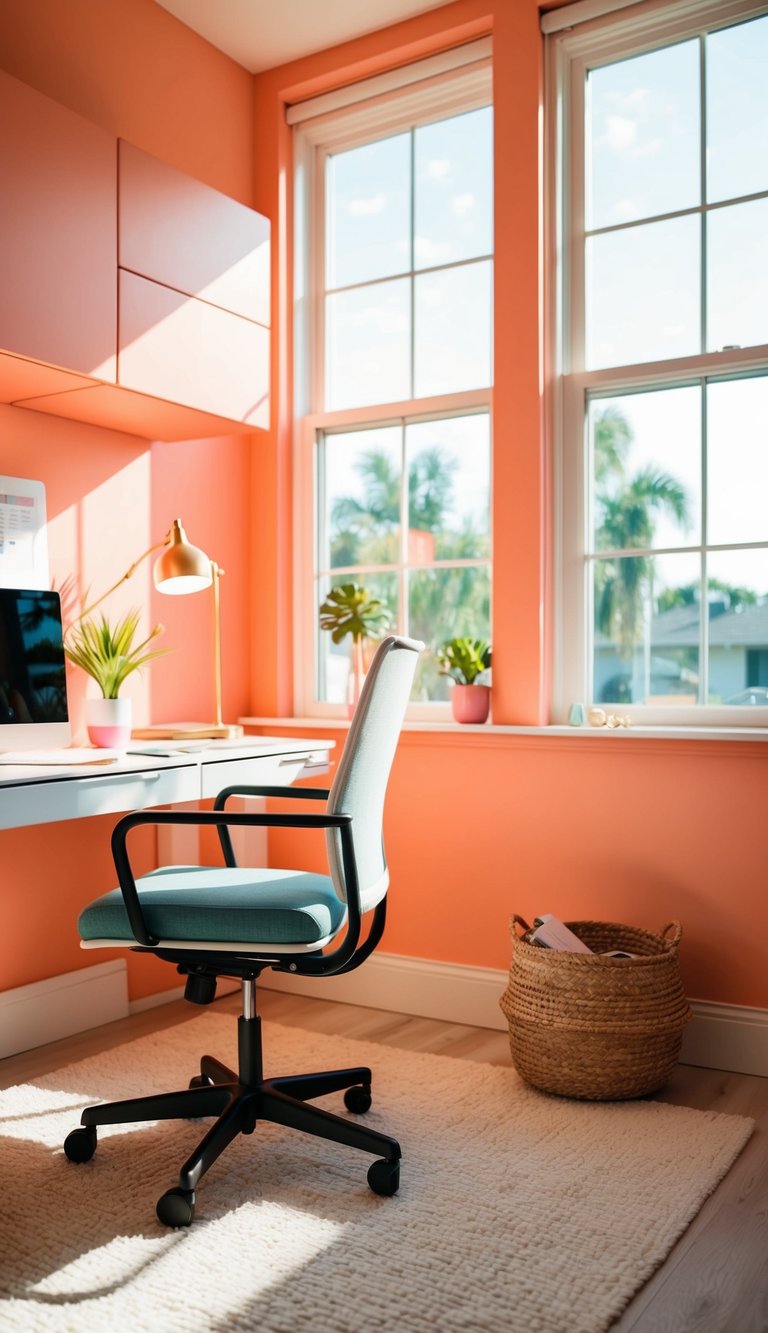 A bright, coral-colored home office with a clean, organized desk, a comfortable chair, and plenty of natural light streaming in through the window