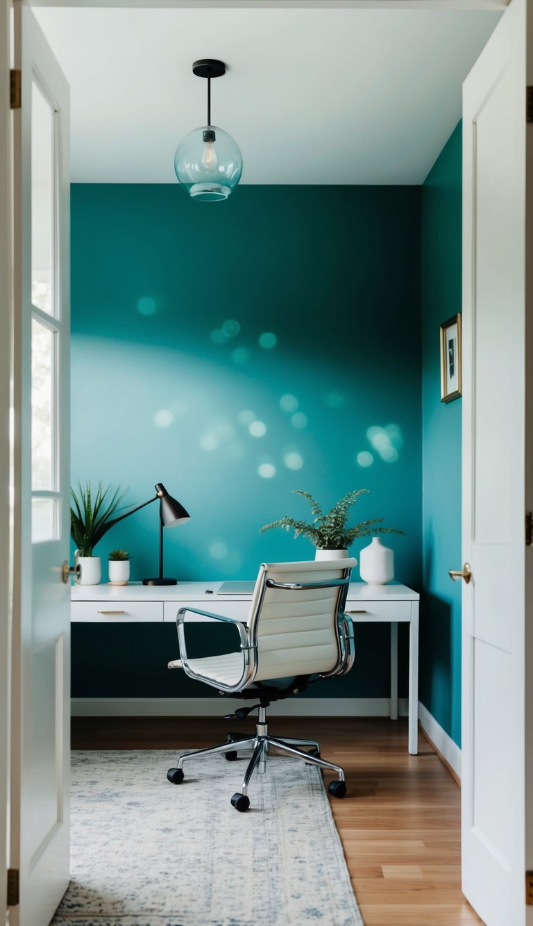 A serene home office with teal walls, natural light, and minimalist decor