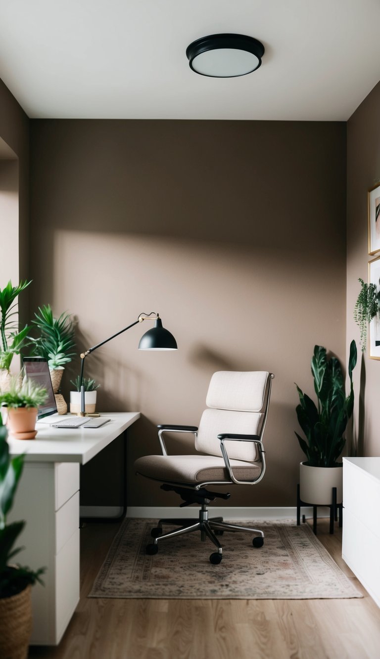 A cozy home office with taupe walls, a sleek desk, and a comfortable chair. Soft lighting and a few plants add to the tranquil atmosphere