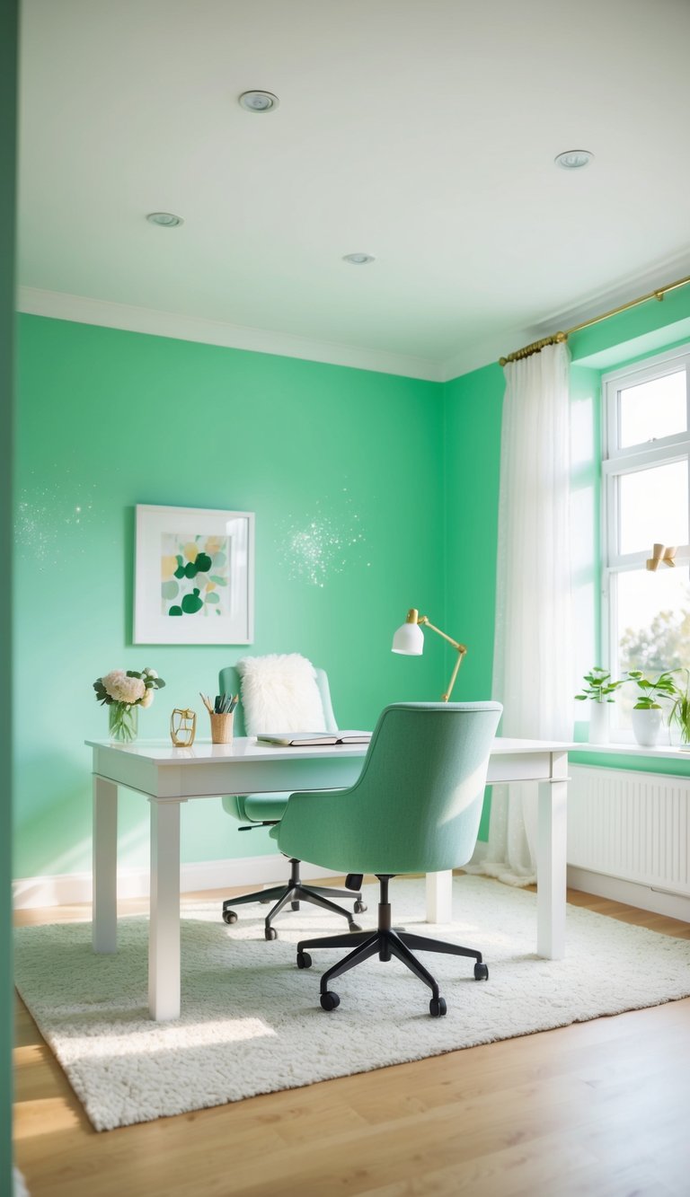 A bright, airy home office with mint green walls and sparkling accents, filled with natural light and a sense of freshness
