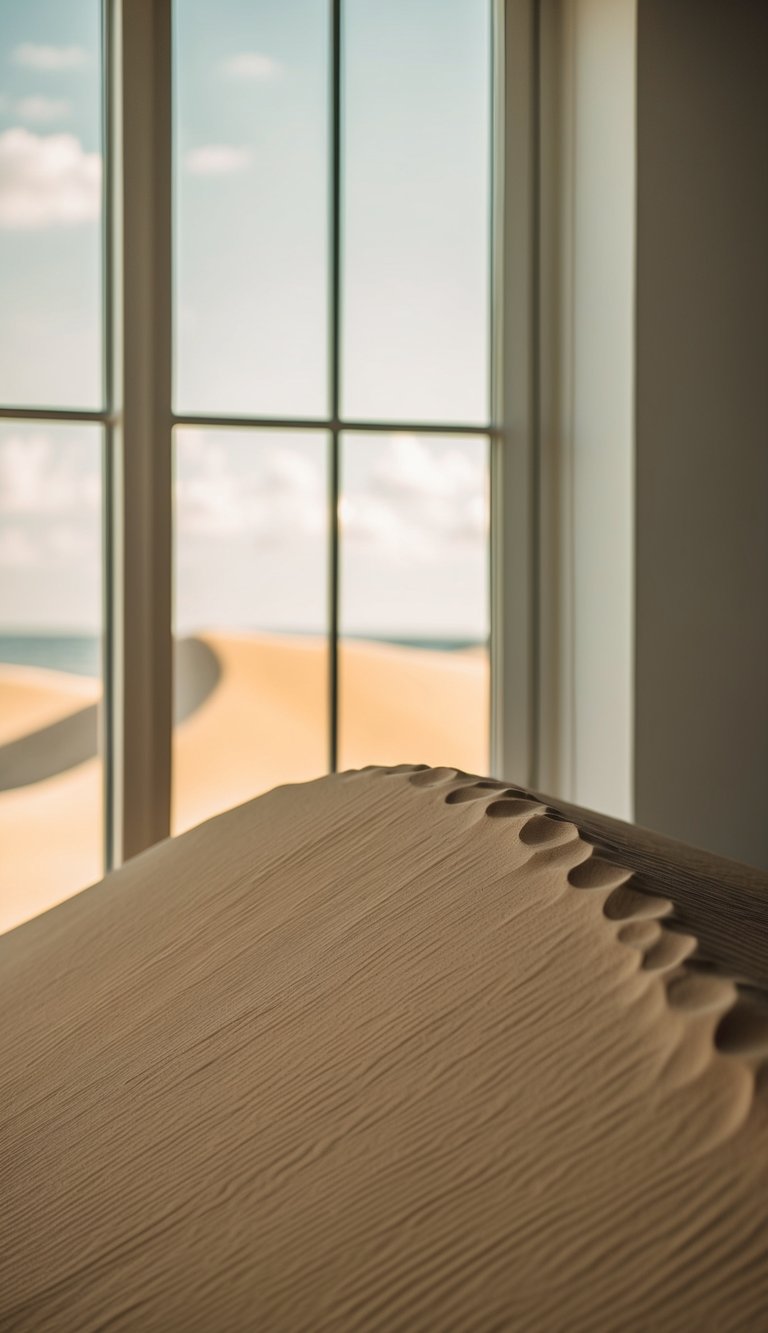 A tranquil sand dune with soft, warm colors and natural light streaming in through a window, creating a serene home office setting