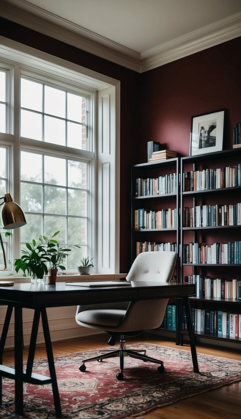 A cozy home office with rich burgundy walls, a sleek desk, and a comfortable chair surrounded by shelves of books and a large window letting in natural light
