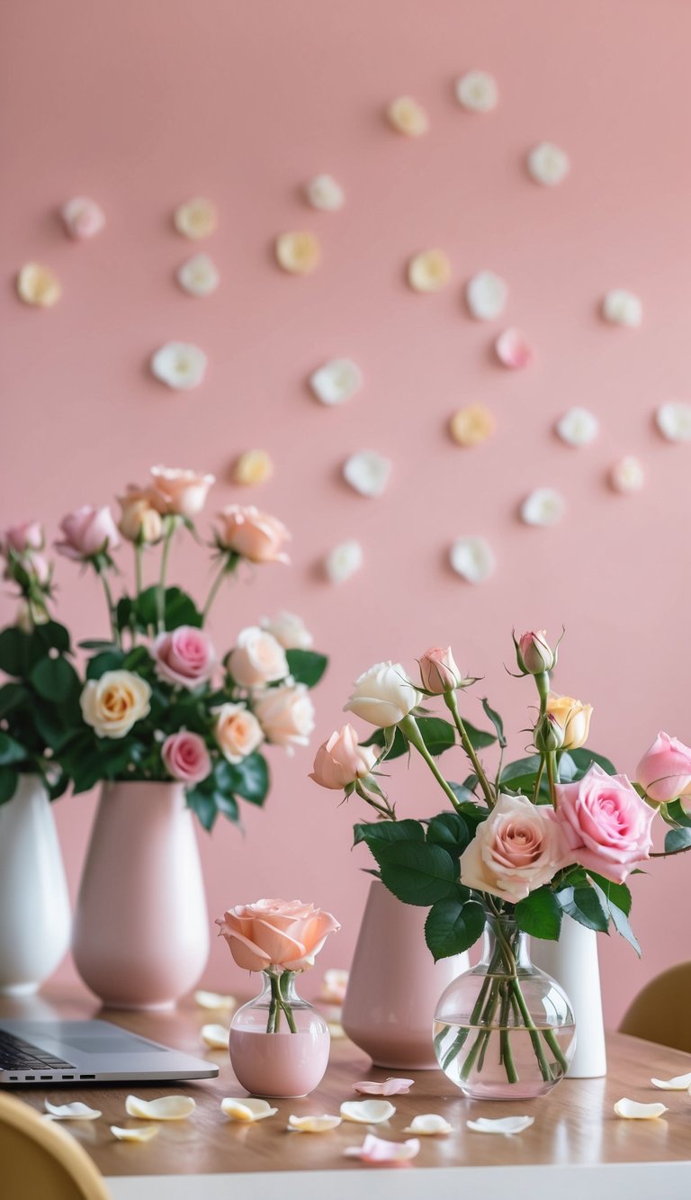 A cozy home office with soft pink walls adorned with various shades of rose petals in vases, inspiring a tranquil and creative atmosphere