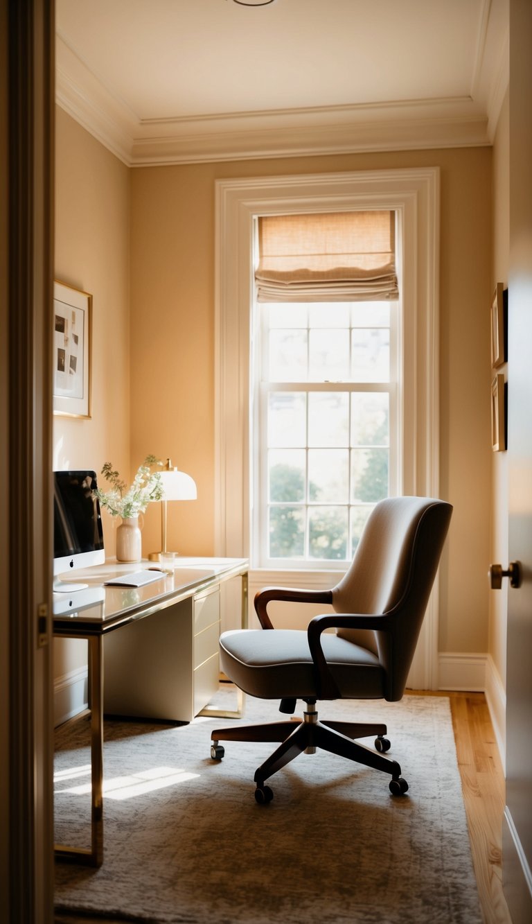 A cozy home office with Champagne Beige walls, a sleek desk, and a comfortable chair, bathed in warm natural light