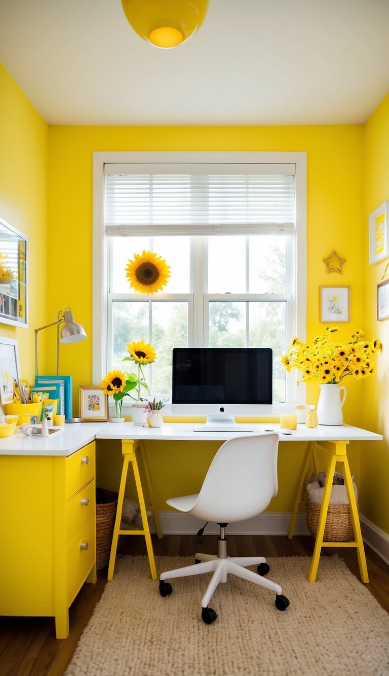 A bright sunflower yellow home office with a playful and inviting atmosphere, filled with natural light and cozy decor