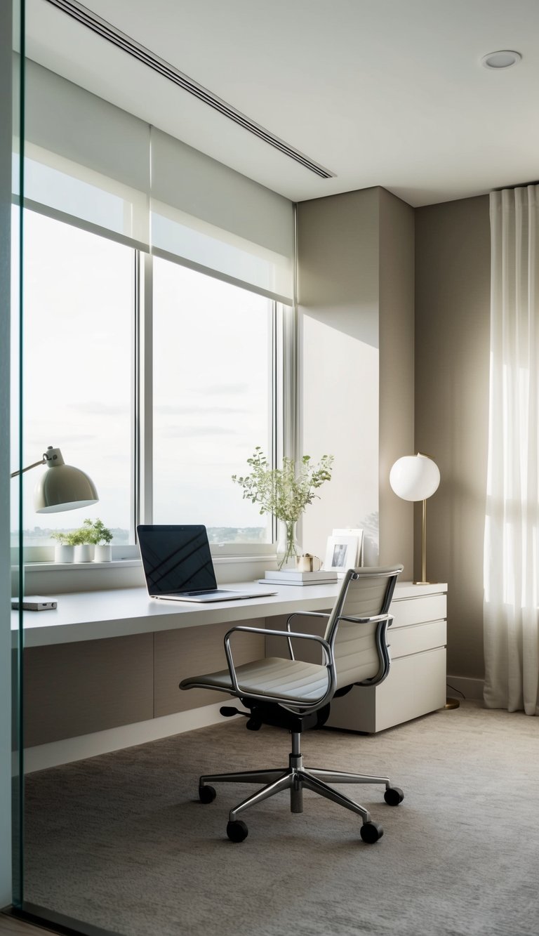 A sleek, modern home office with neutral tones, minimalist decor, and plenty of natural light for a calm and serene workspace