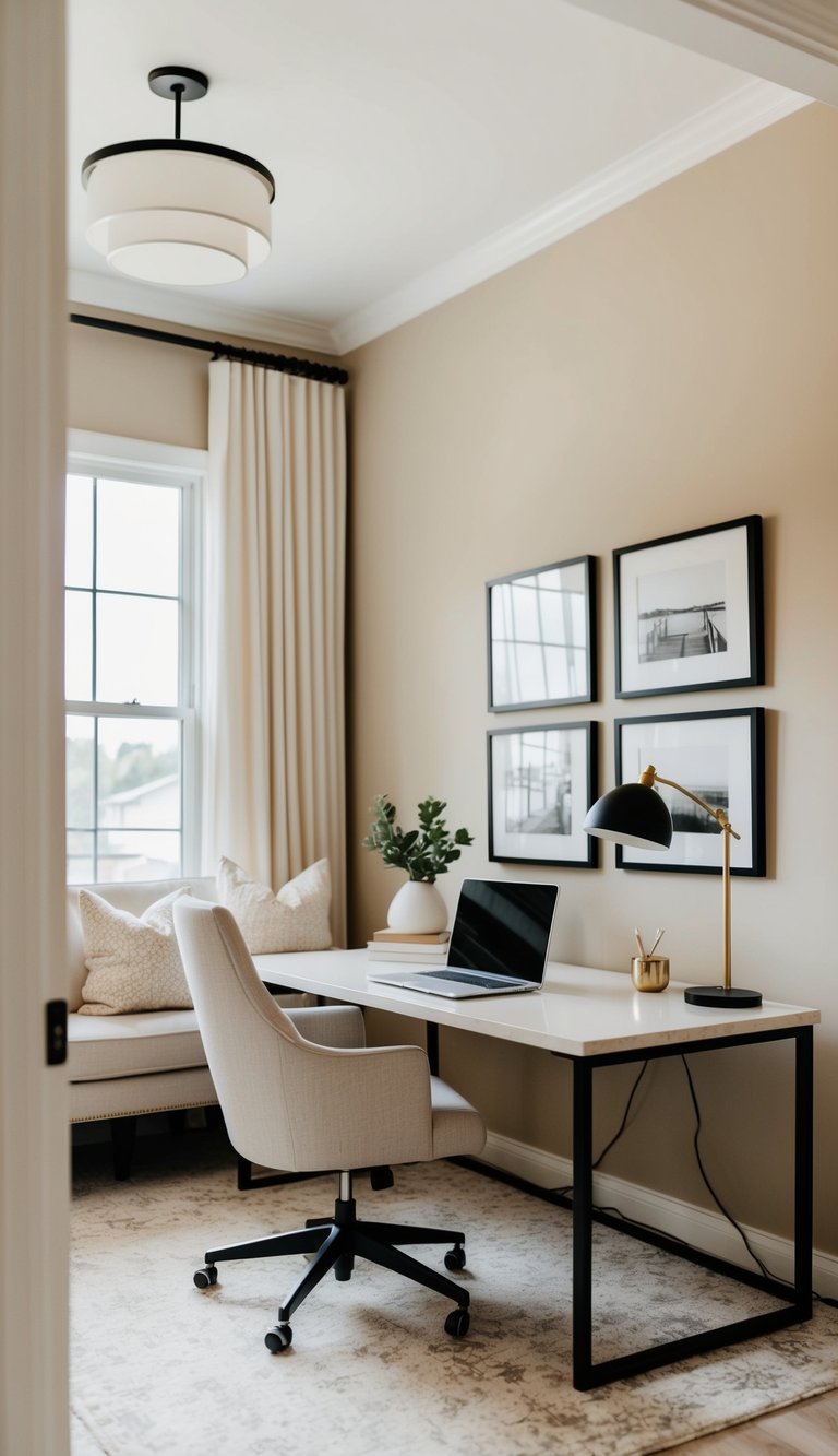 A cozy home office with soft beige walls, a sleek desk, and chic neutral decor for a calming and stylish workspace