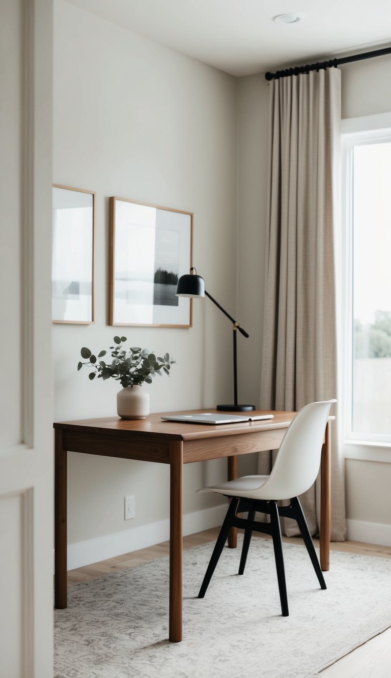 A simple wooden desk with a sleek design sits in a serene home office, surrounded by neutral tones and minimalist decor