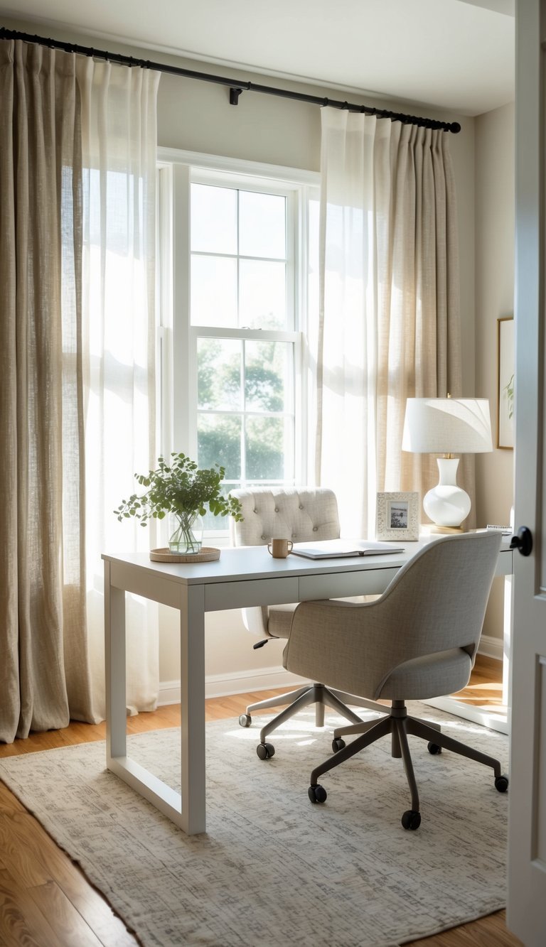 Sunlight filters through linen curtains into a serene home office, adorned with chic and neutral decor for a calming atmosphere