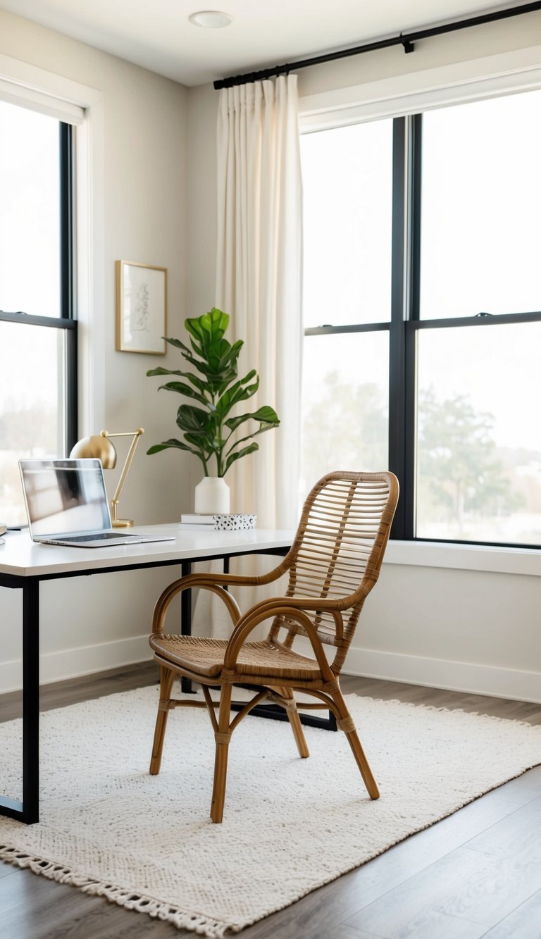 A chic neutral home office with a rattan chair, minimalist decor, and natural light streaming in through large windows