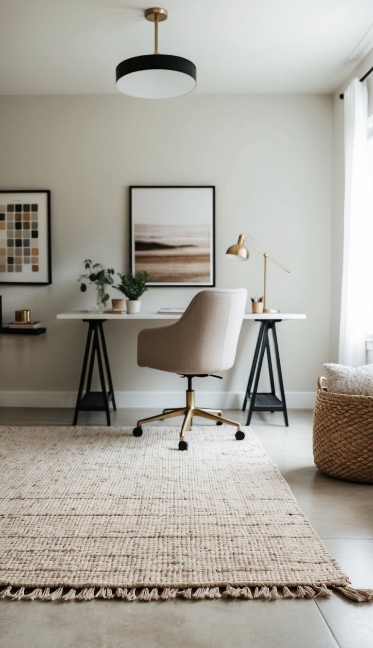 A handwoven rug lies on the floor of a chic, neutral home office, creating a calm and inviting space