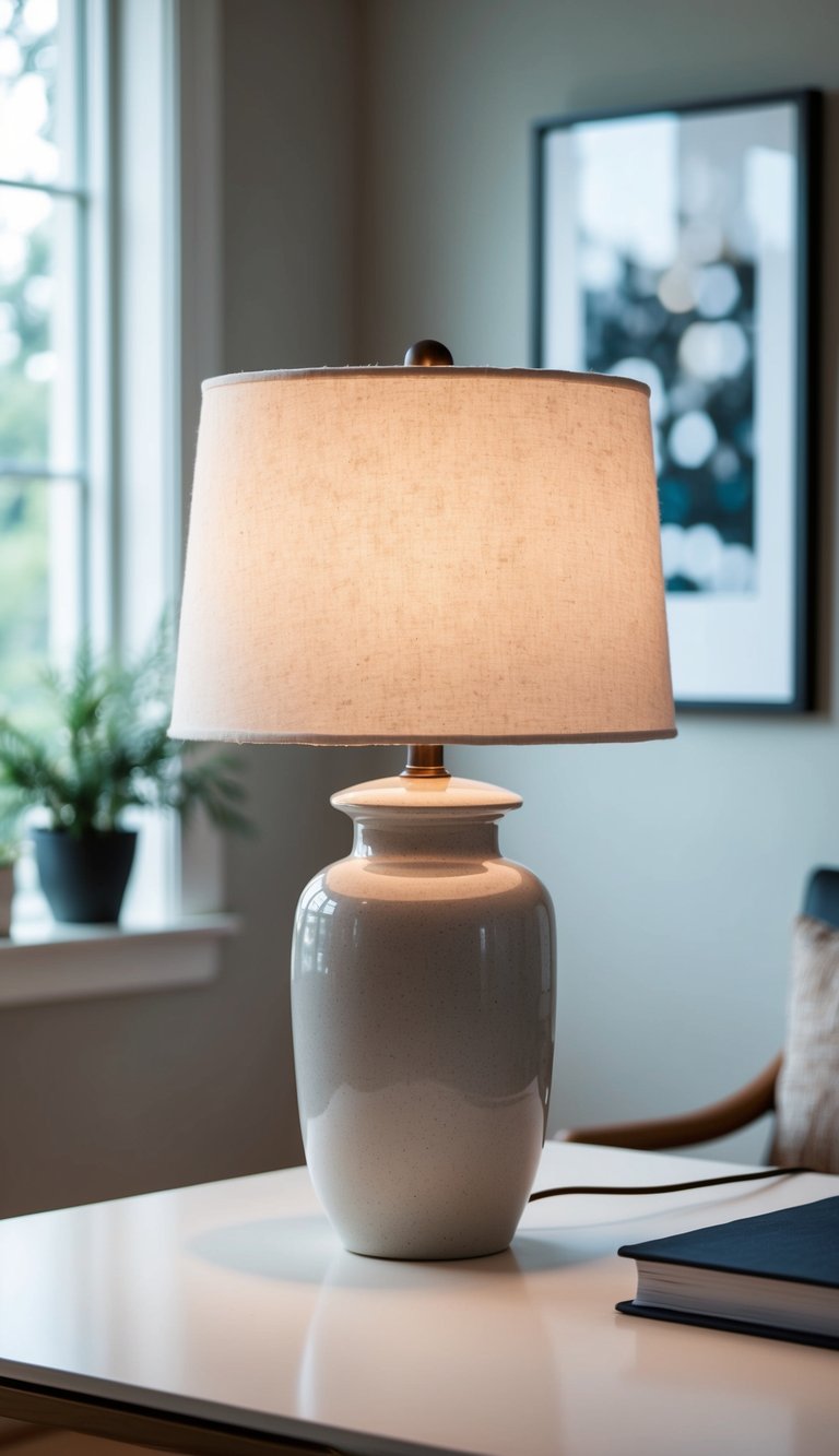 A ceramic table lamp illuminates a chic, neutral home office with calming vibes