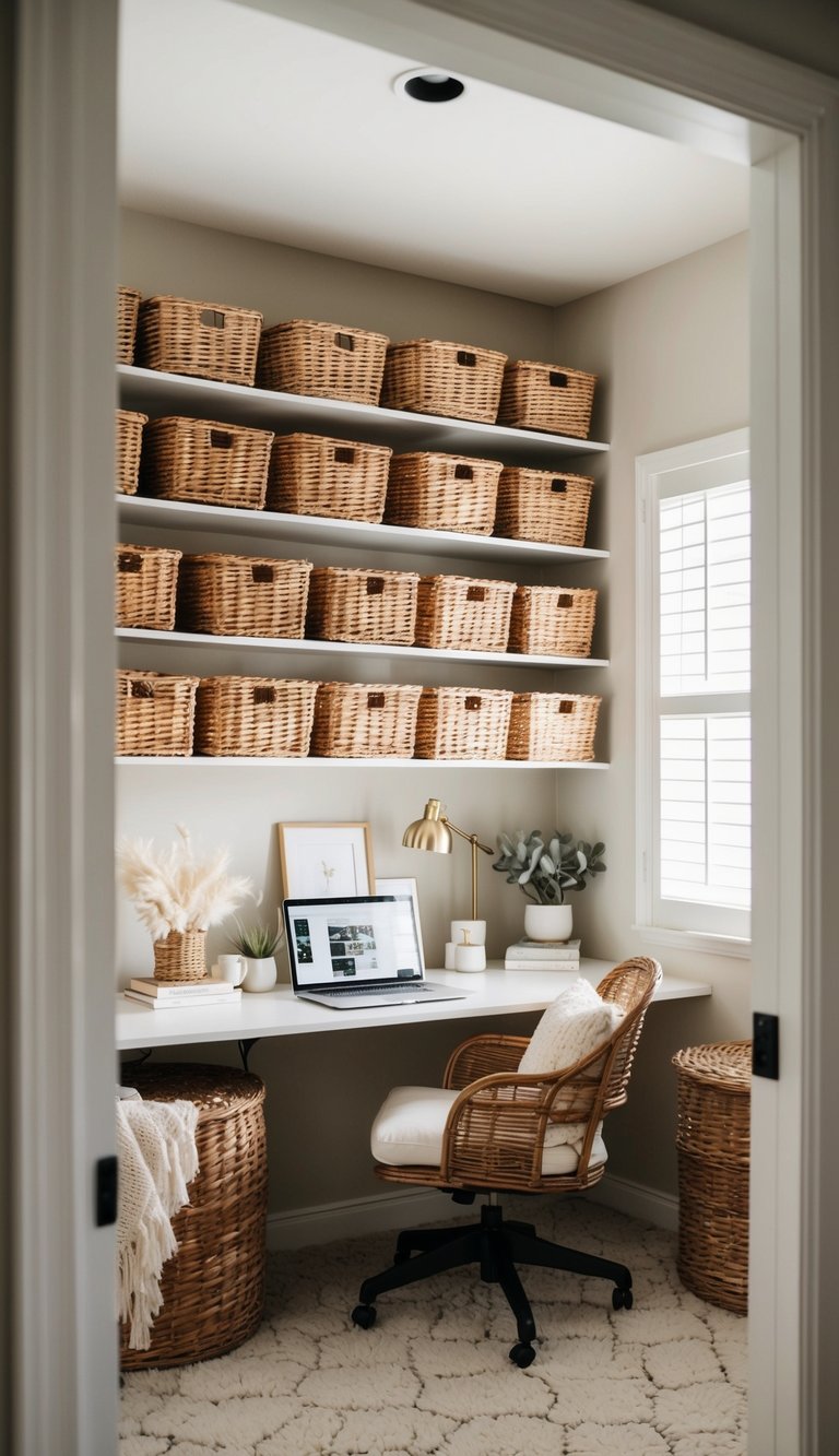 A cozy home office with wicker baskets neatly organized on shelves, surrounded by neutral tones and chic decor for a calm and inviting space