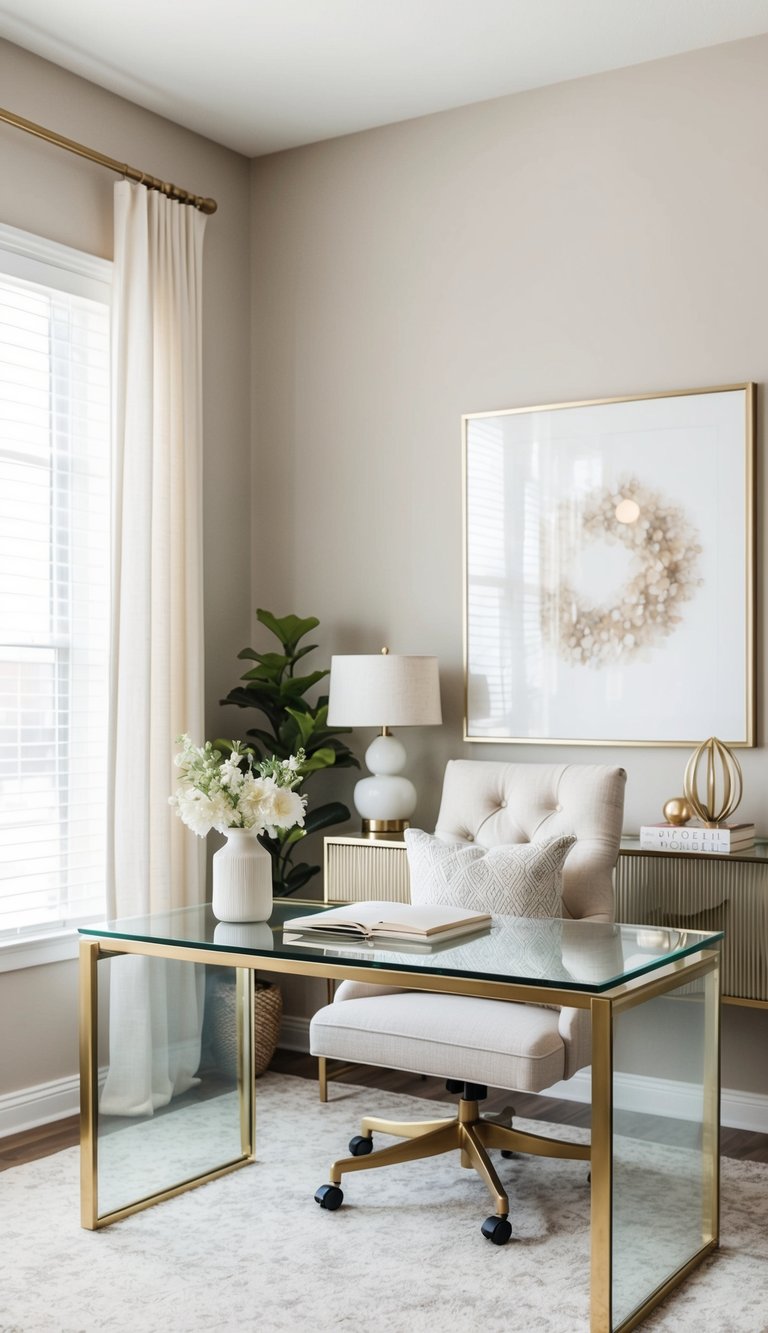A glass top desk with chic decor in a neutral home office, creating a calm and stylish space
