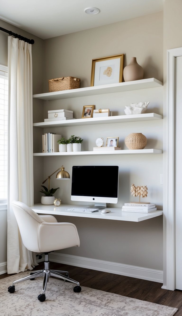 A serene home office with white floating shelves, adorned with chic neutral decor for a calm and stylish workspace