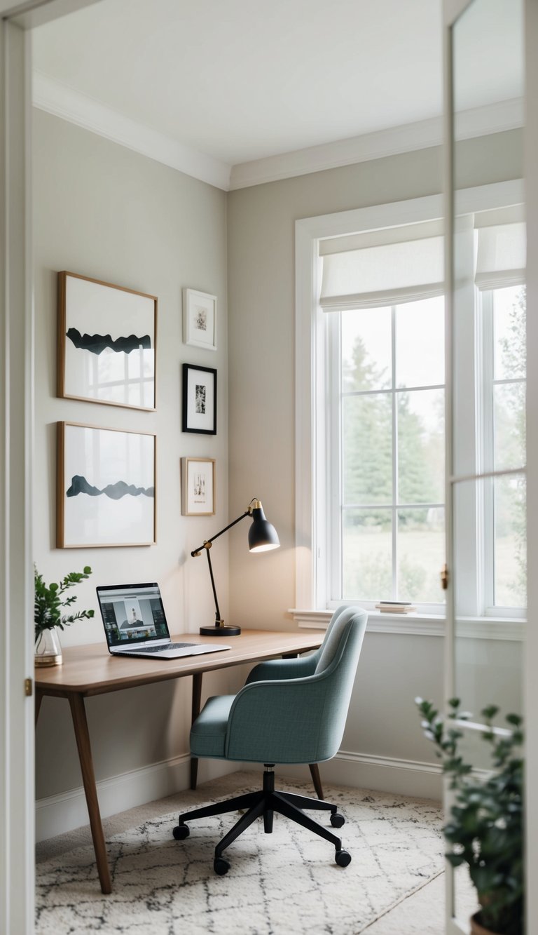 A serene home office with Scandinavian wall art, neutral colors, and chic decor